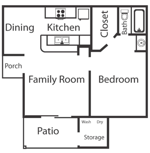 Floor plan for 1 bed, 1 bath, 550 sqft